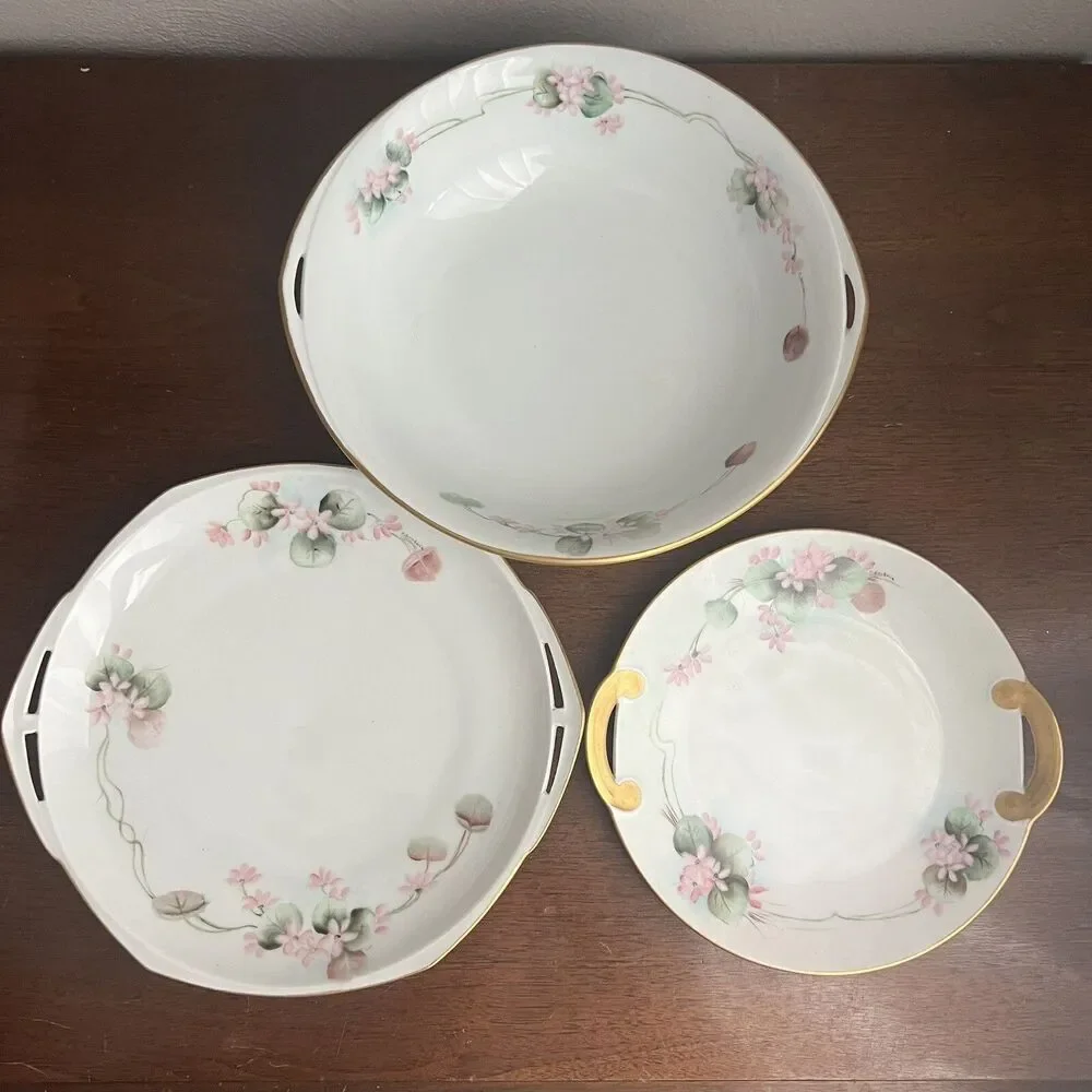 Vintage Hand Painted 2 Round Serving Platters w Handles 1 Bowl Pink Floral Sign